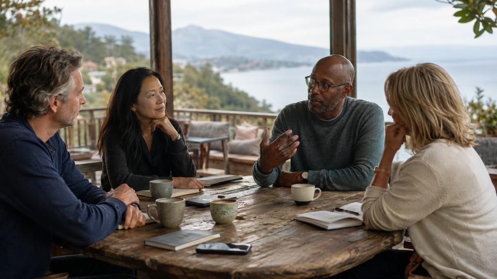 Four people listening intently around a round table on an outdoor terrace