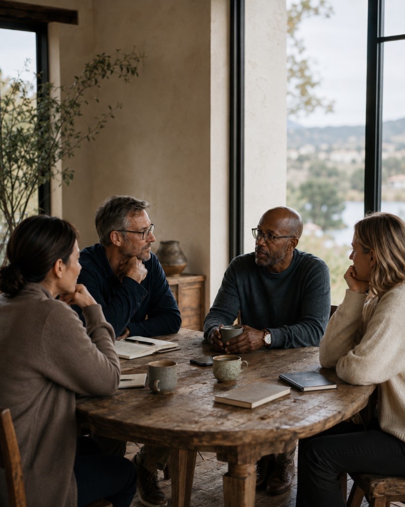 Four people listening around a round table by large windows