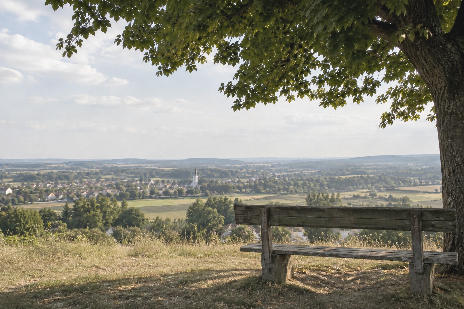 An empty hillside bench overlooking a valley