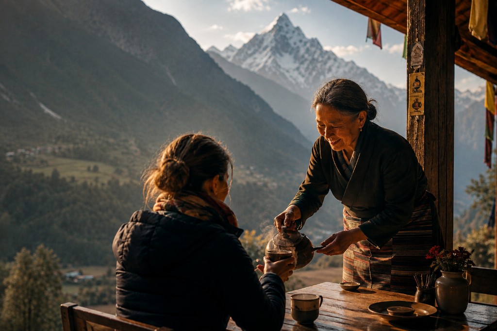 A host pouring tea on a mountain porch